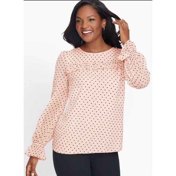 Talbots Blouse Top 2X Pink Chiffon Ruffle Long Sleeve Graphic Print Hearts - Picture 1 of 13